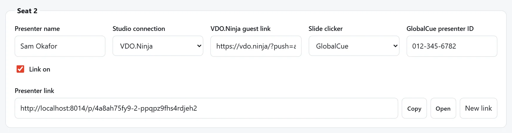 A seat set to VDO.Ninja