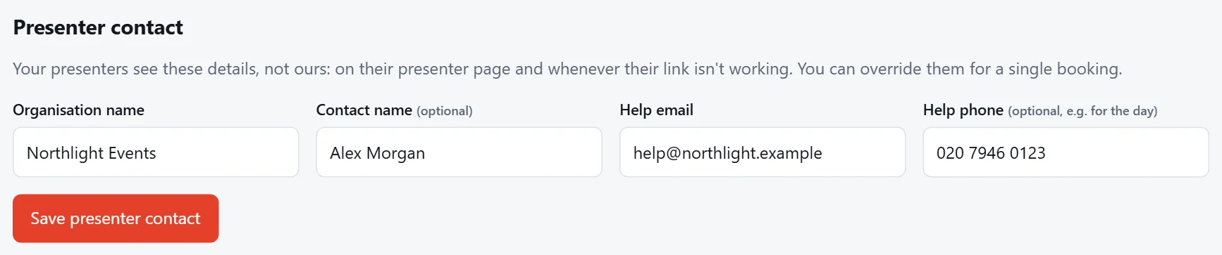 Settings › Presenter contact