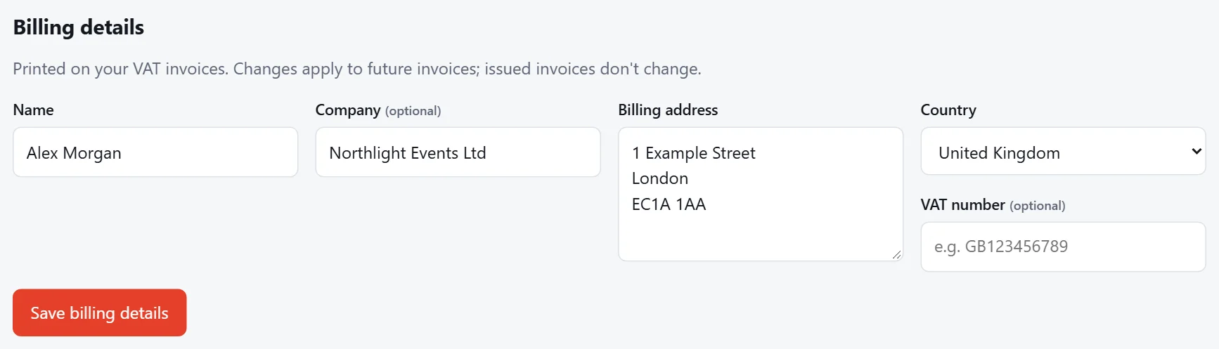 Settings › Billing details